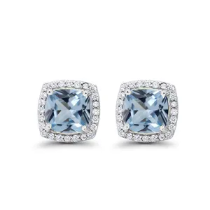 10k White Gold Plated 1/2 Ct Created Halo Princess Cut Aquamarine Stud Earrings