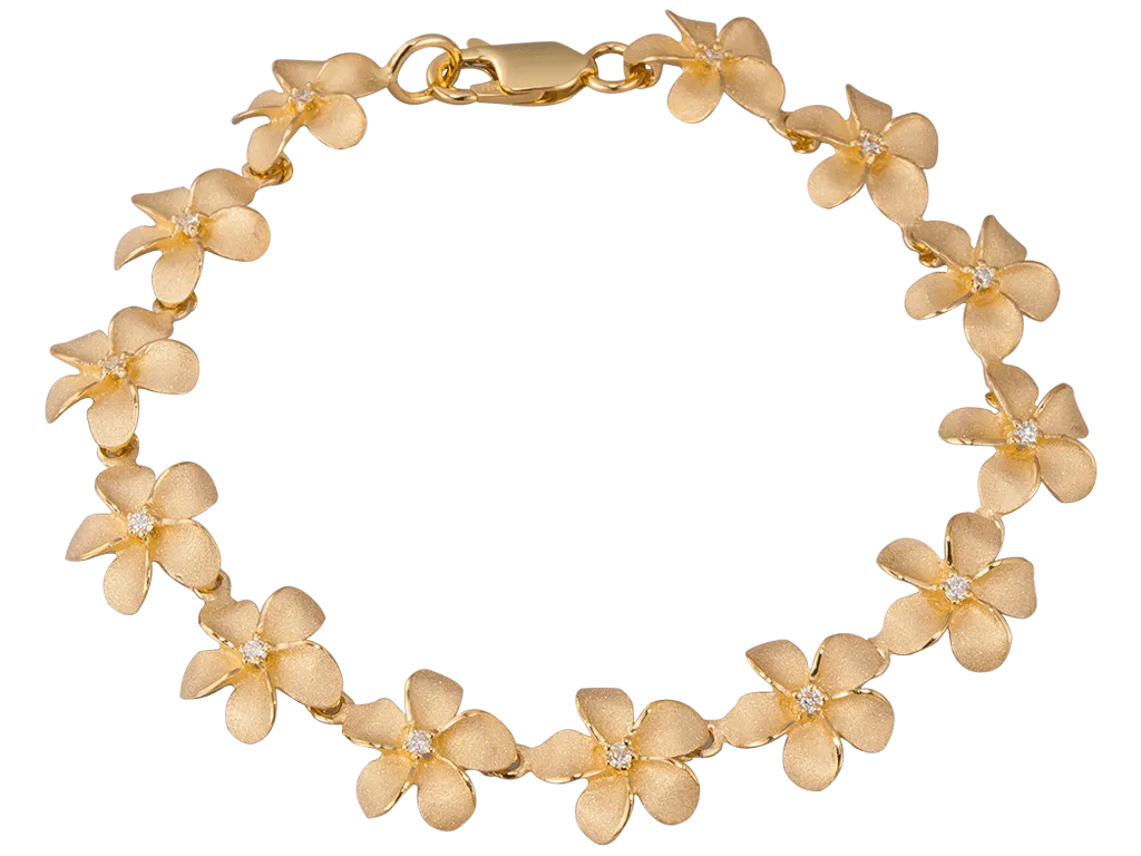 11mm 14k Plumeria Bracelet with 13 diamonds and 13 flowers