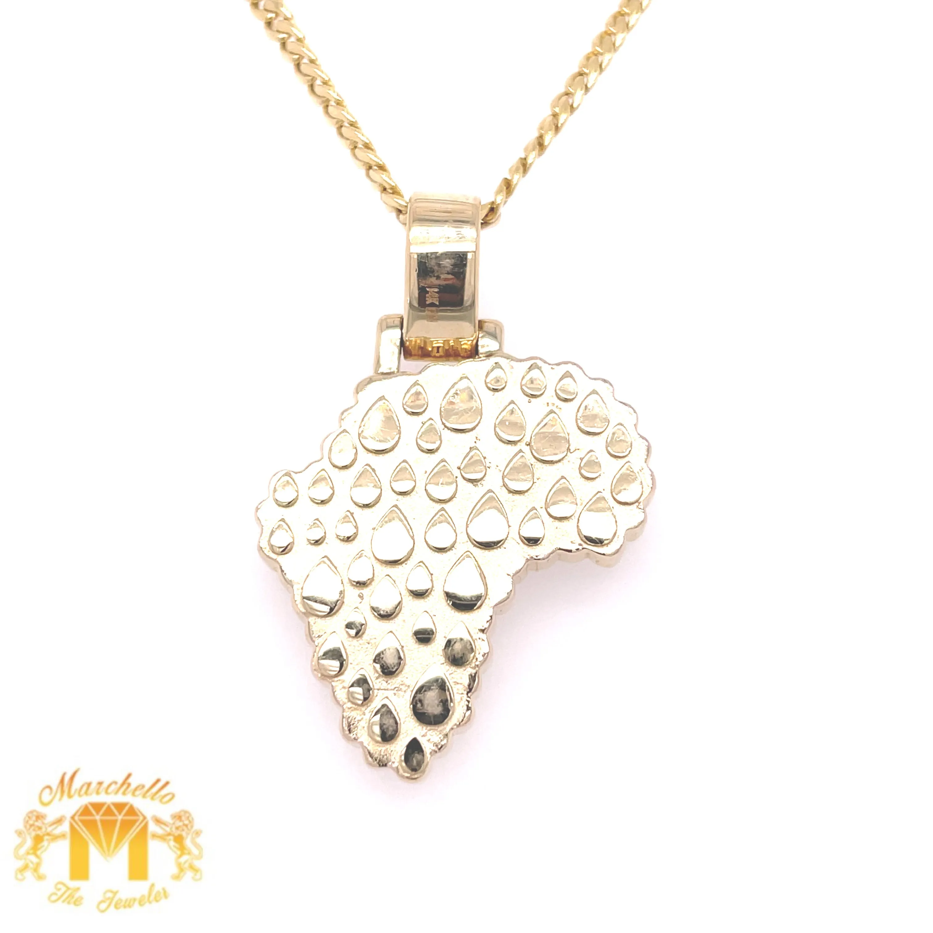 14k Gold Africa Diamond Pendant and Gold Cuban Link Chain Set (Solid Back)