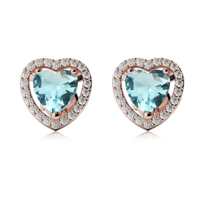 14k Rose Gold Plated 1/2 Ct Created Halo Heart Aquamarine Stud Earrings