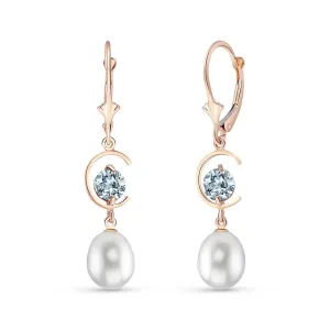 14K Solid Rose Gold Leverback Earrings Aquamarines & Pearl Jewelry