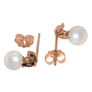 14K Solid Rose Gold Stud Earrings w/ Pearls & Amethyst