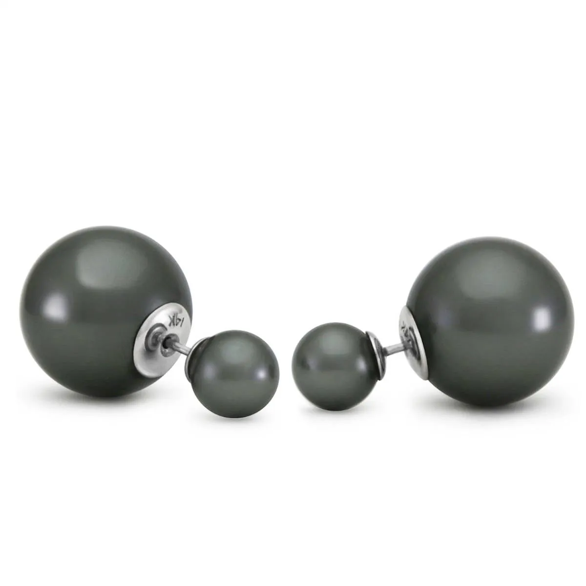 14K Solid White Gold Fashion Style Tribal Double Black Shell Pearls Stud Earrings