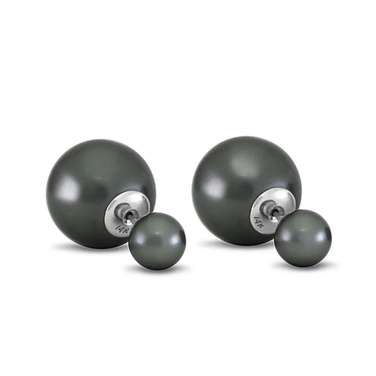 14K Solid White Gold Fashion Style Tribal Double Black Shell Pearls Stud Earrings