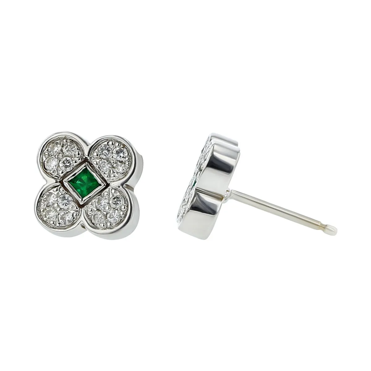 14K White Gold Emerald and Diamond Stud Earrings