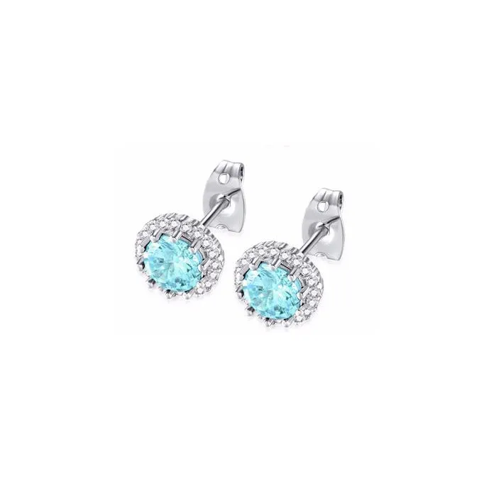 14k White Gold Plated 1/2 Ct Created Halo Round Aquamarine Stud Earrings