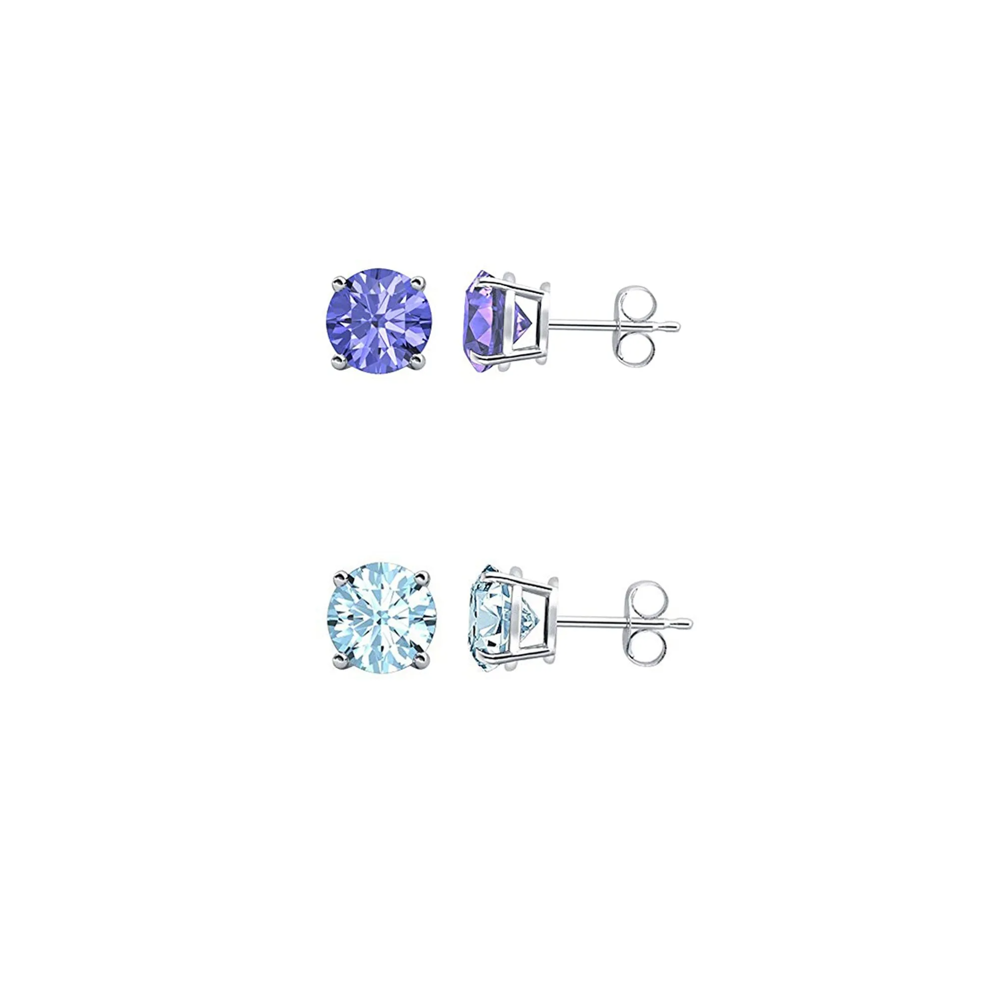 14k White Gold Plated 1/2Ct Created Tanzanite and Aquamarine 2 Pair Round Stud Earrings