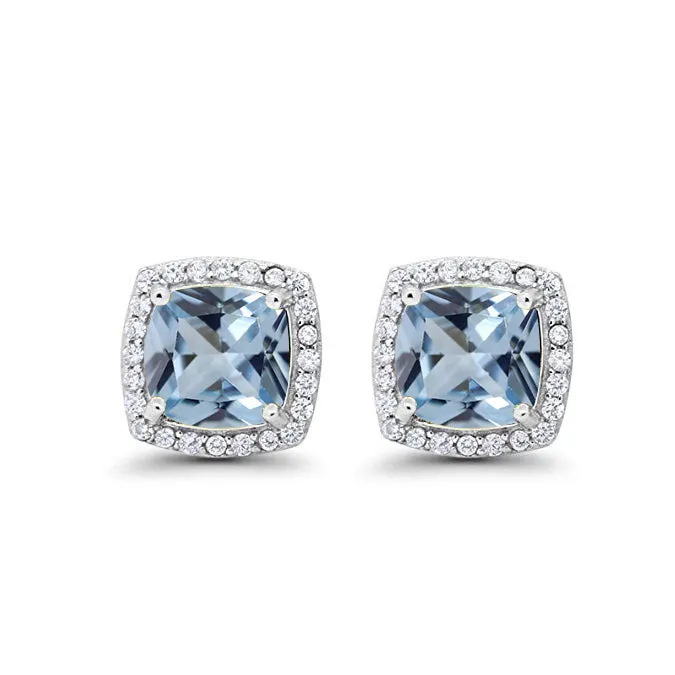 14k White Gold Plated 3 Ct Created Halo Princess Cut Aquamarine Stud Earrings