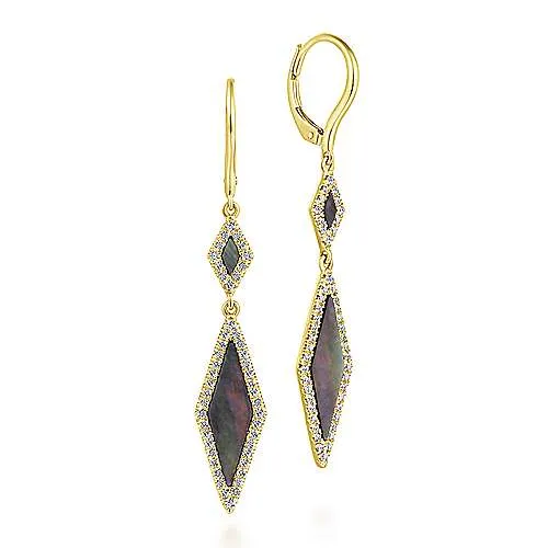 14K Yellow Gold Diamond   Black Mother of Pearl Drop Earrings