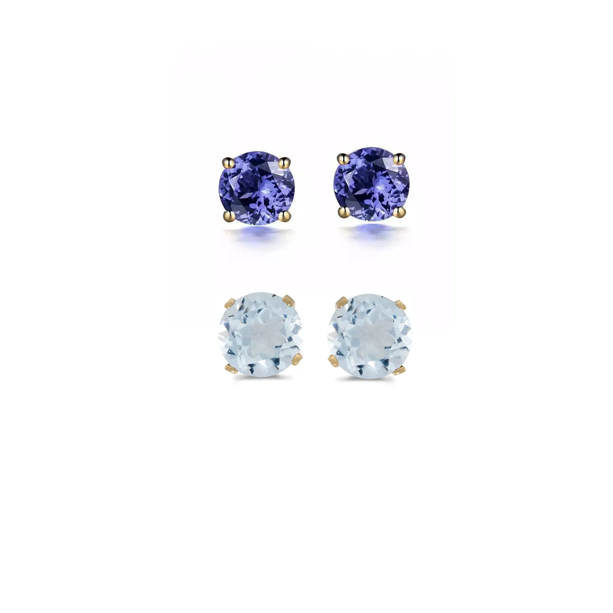 14k Yellow Gold Plated 2Ct Created Tanzanite and Aquamarine 2 Pair Round Stud Earrings