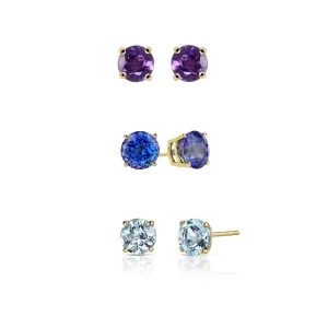 14k Yellow Gold Plated 3Ct Created Amethyst, Tanzanite and Aquamarine 3 Pair Round Stud Earrings