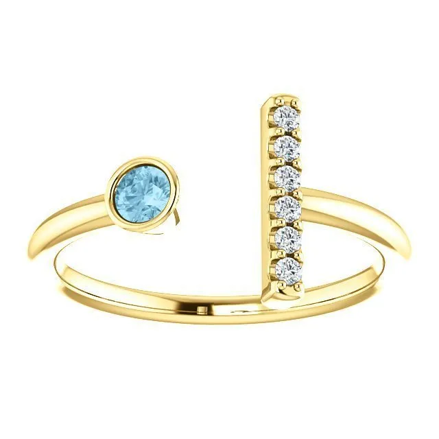 14KT GOLD 0.10 CT AQUAMARINE & .06 CTW DIAMOND BAR RING