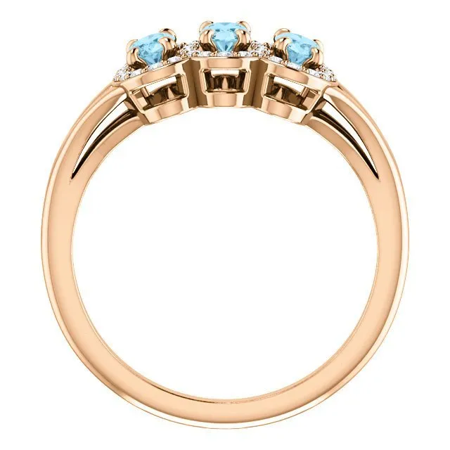 14KT GOLD .60 CTW AQUAMARINE & .16 CTW DIAMOND 3 STONE HALO RING