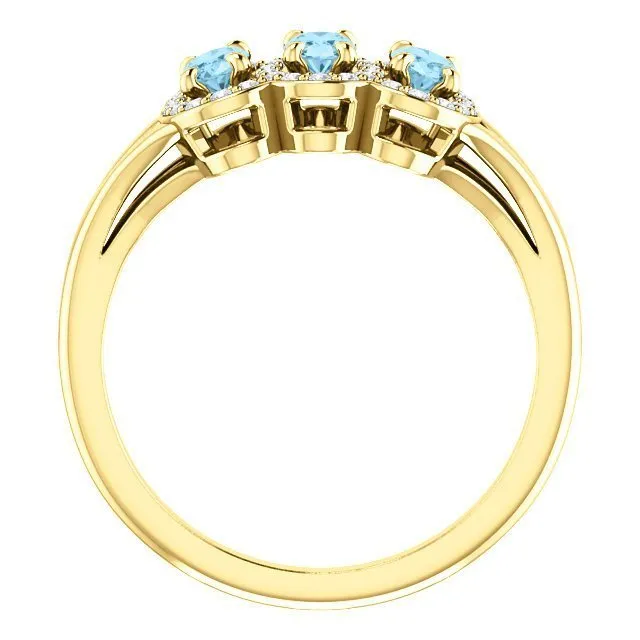 14KT GOLD .60 CTW AQUAMARINE & .16 CTW DIAMOND 3 STONE HALO RING