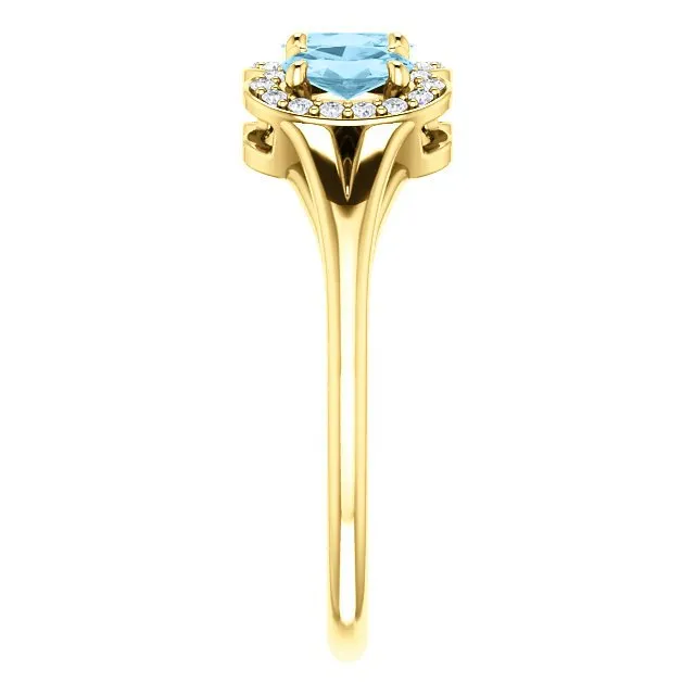 14KT GOLD .60 CTW AQUAMARINE & .16 CTW DIAMOND 3 STONE HALO RING