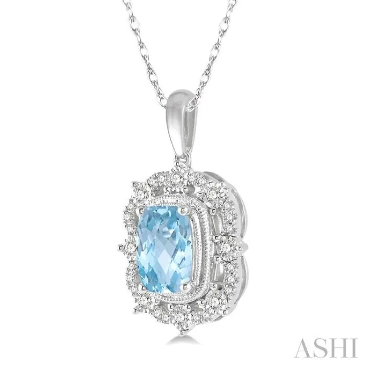 1/5 Ctw Cushion Shape 8x6 MM Aquamarine & Round Cut Diamond Semi Precious Pendant With Chain in 10K White Gold