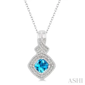 1/50 Ctw Cushion Shape 5x5 MM Blue Topaz & Round Cut Diamond Sterling Silver Pendant With Cable Chain