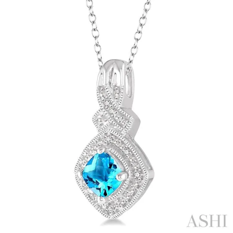 1/50 Ctw Cushion Shape 5x5 MM Blue Topaz & Round Cut Diamond Sterling Silver Pendant With Cable Chain