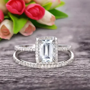 1.75 Carat Emerald Cut Wedding Set Aquamarine Engagement Ring With Matching Band On 10k White Gold