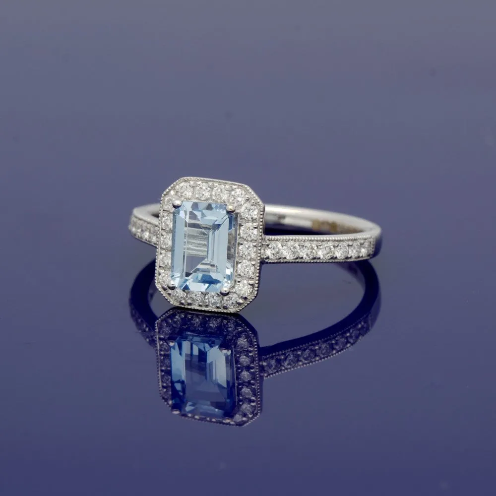 18ct White Gold Aquamarine & Diamond Halo Ring with Diamond Set Shoulders