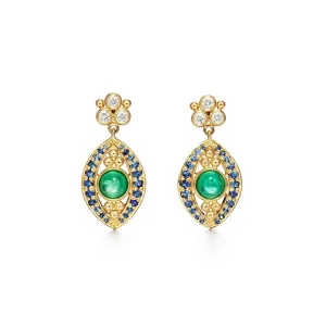 18K Evil Eye Drop Earring in blue sapphire, emerald and diamond