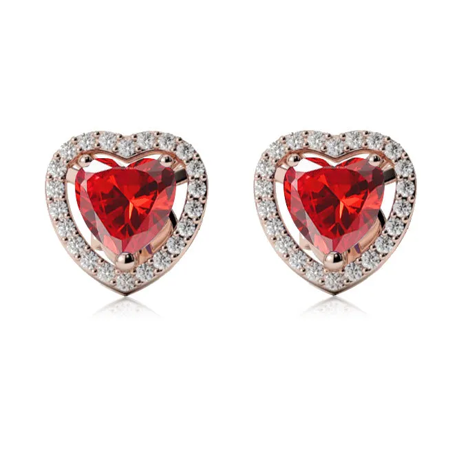 18k Rose Gold Plated 2 Ct Created Halo Heart Ruby Stud Earrings