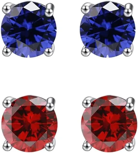 18k White Gold Plated 1/2Ct Created Blue sapphire and  Ruby 2 Pair Round Stud Earrings