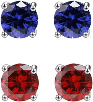 18k White Gold Plated 1/2Ct Created Blue sapphire and  Ruby 2 Pair Round Stud Earrings