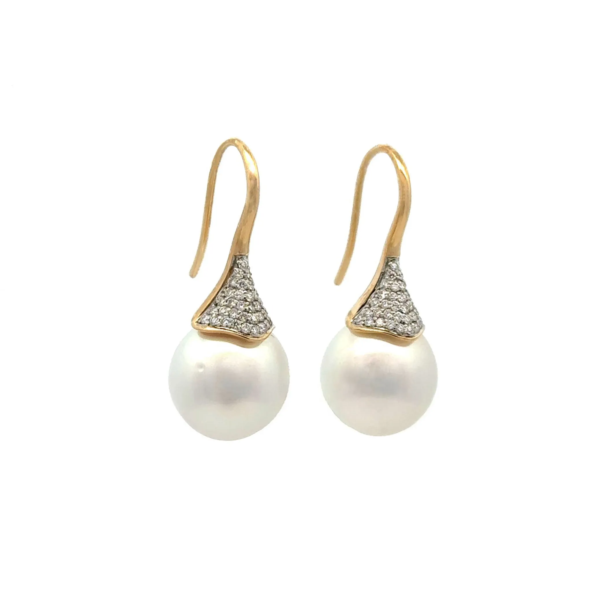 18K Yellow Gold Australian South Sea 12-13mm Cultured Pearl and Diamond Hook Earrings