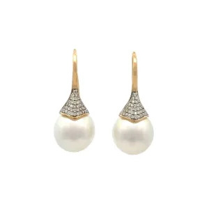 18K Yellow Gold Australian South Sea 12-13mm Cultured Pearl and Diamond Hook Earrings