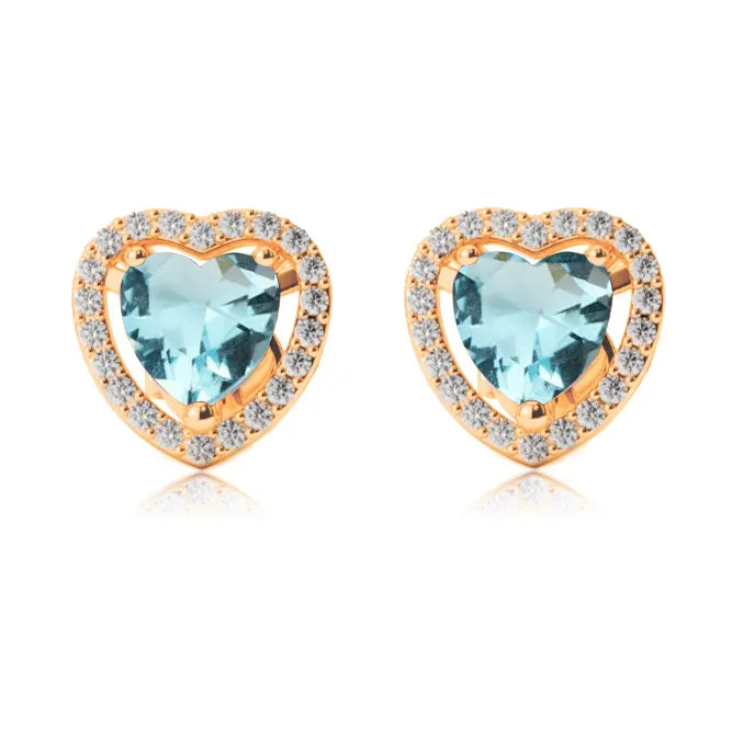 18k Yellow Gold Plated 1 Ct Created Halo Heart Aquamarine Stud Earrings