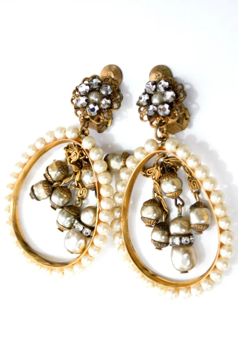 1940s Vintage Dangle Drop Rhinestone Pearl Hoop Earrings