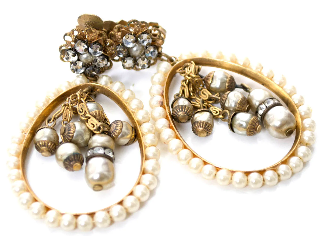 1940s Vintage Dangle Drop Rhinestone Pearl Hoop Earrings