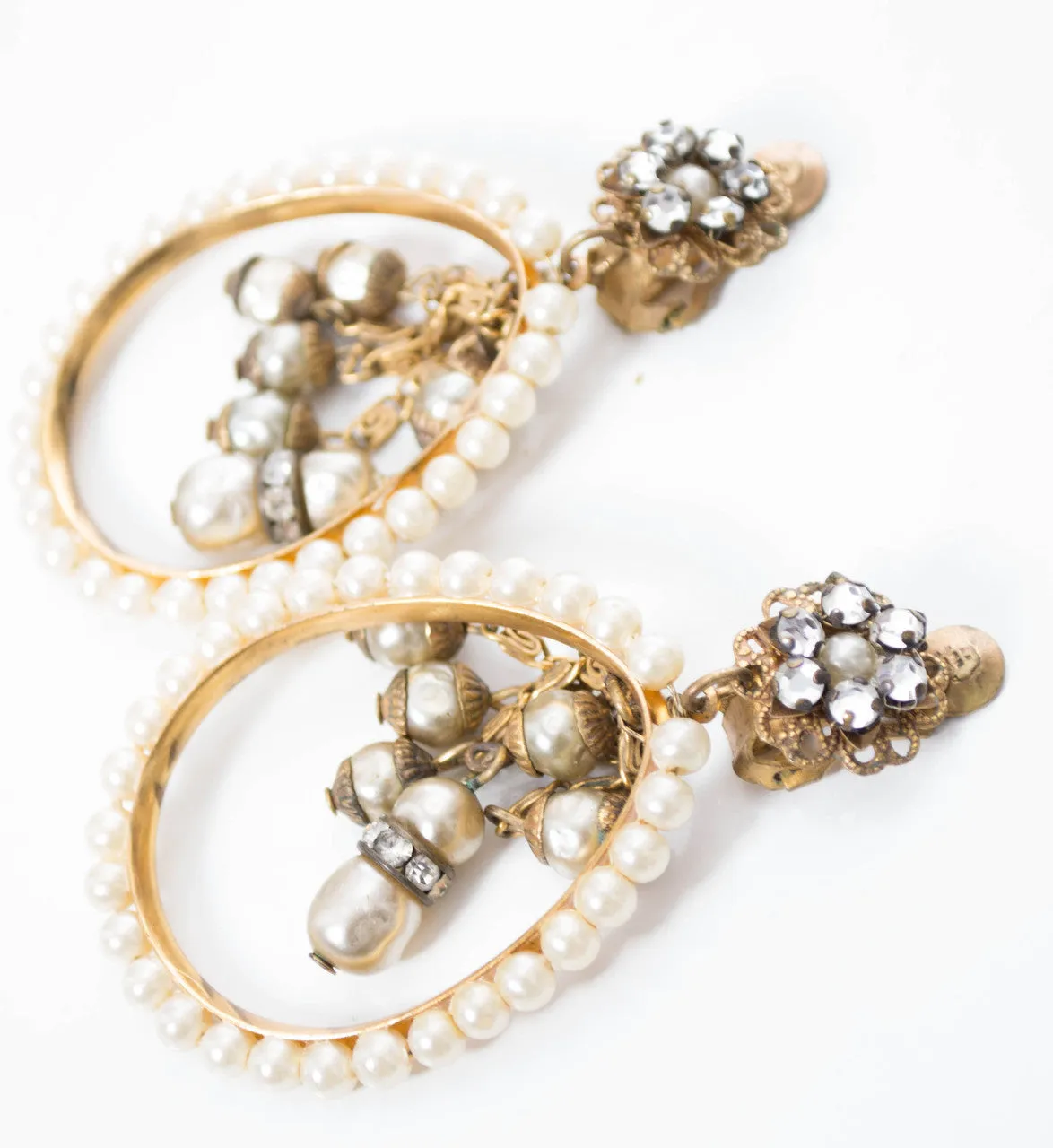 1940s Vintage Dangle Drop Rhinestone Pearl Hoop Earrings