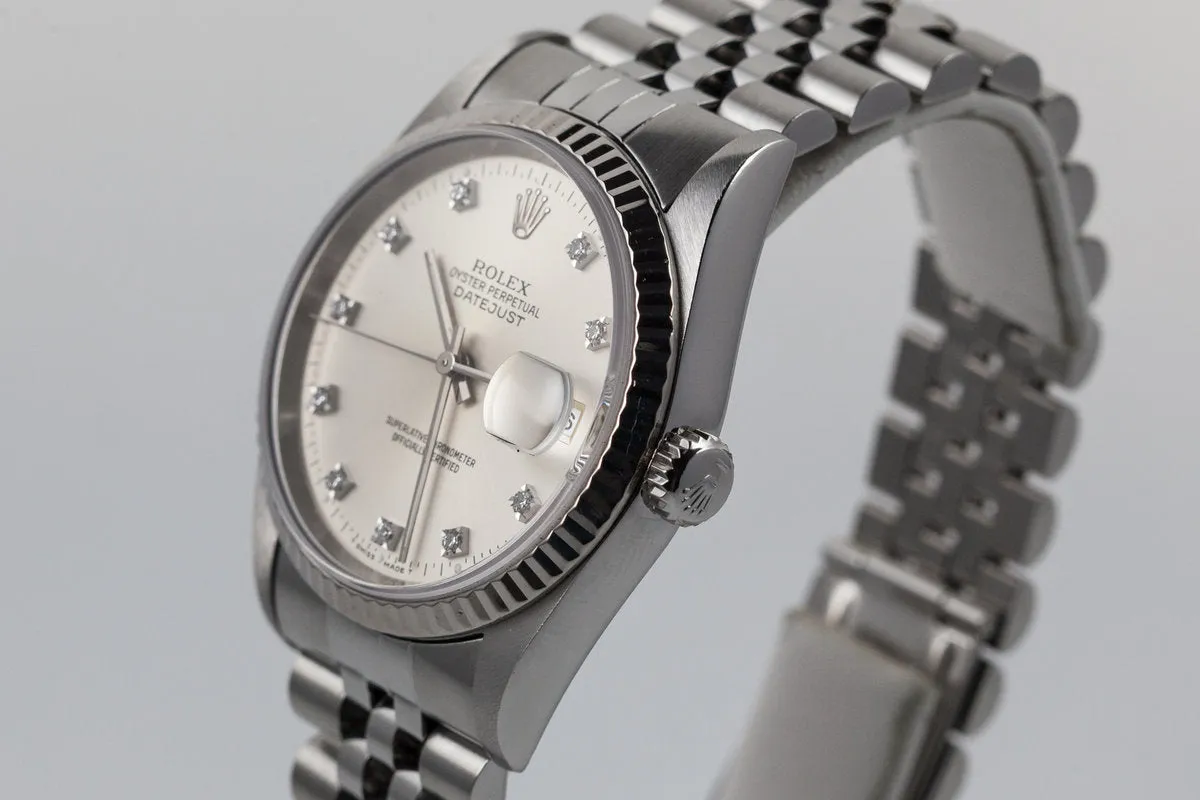 1995 Rolex DateJust 16234 Factory Silver Diamond Dial