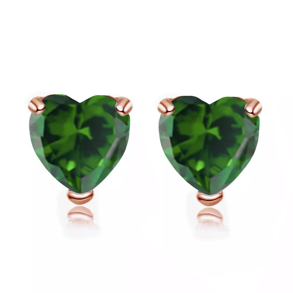 24k Rose Gold Plated 1 Carat Heart Created Emerald Stud Earrings