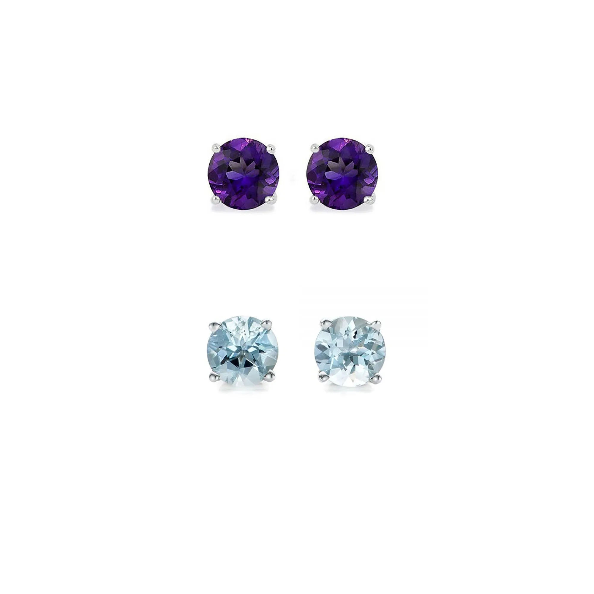 24k White Gold Plated 4Ct Created Amethyst and Aquamarine 2 Pair Round Stud Earrings