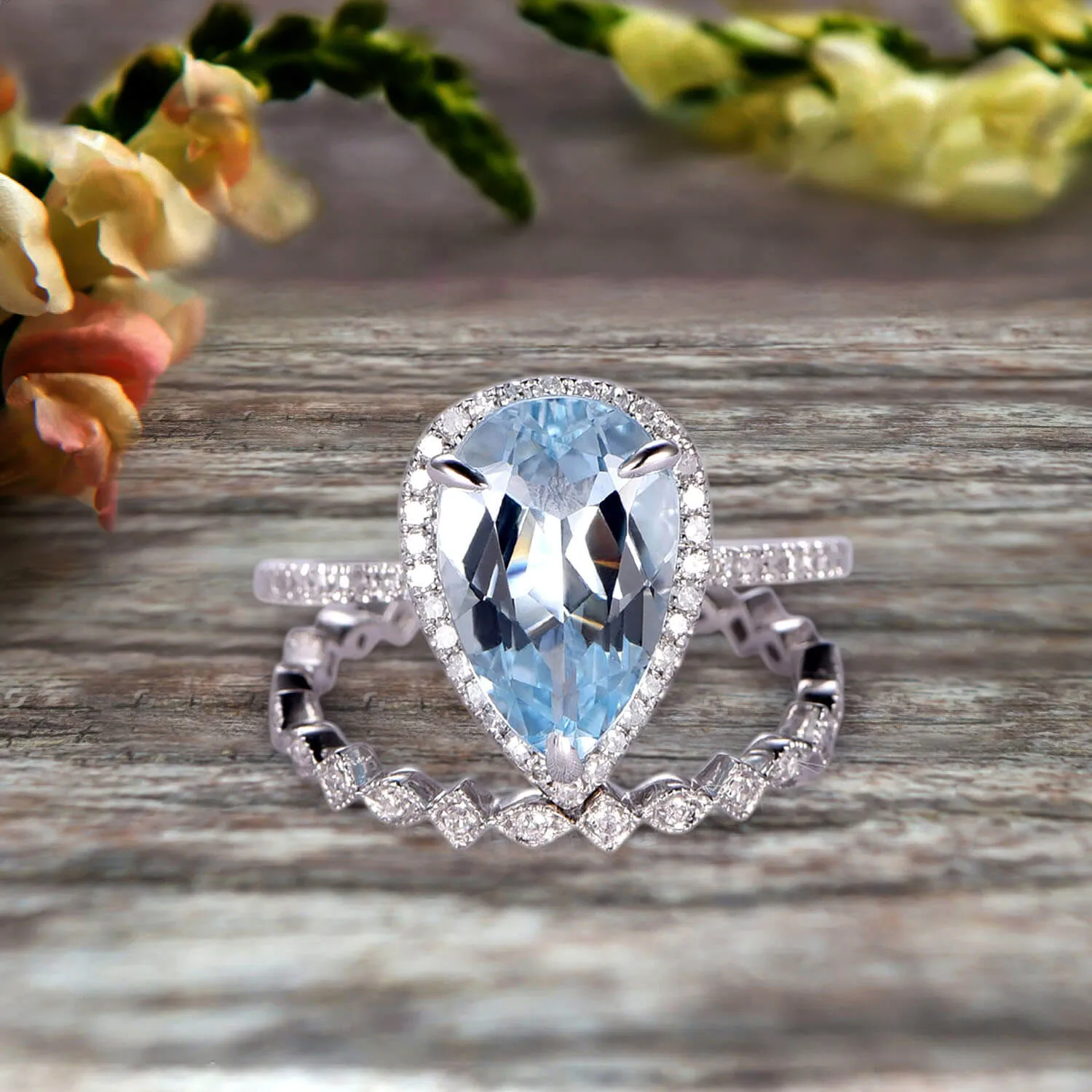 2Pcs Wedding Ring Set Pear Shape 1.75 Carat Aquamarine Engagement Ring On 10k White gold Halo Design