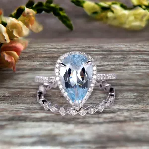 2Pcs Wedding Ring Set Pear Shape 1.75 Carat Aquamarine Engagement Ring On 10k White gold Halo Design