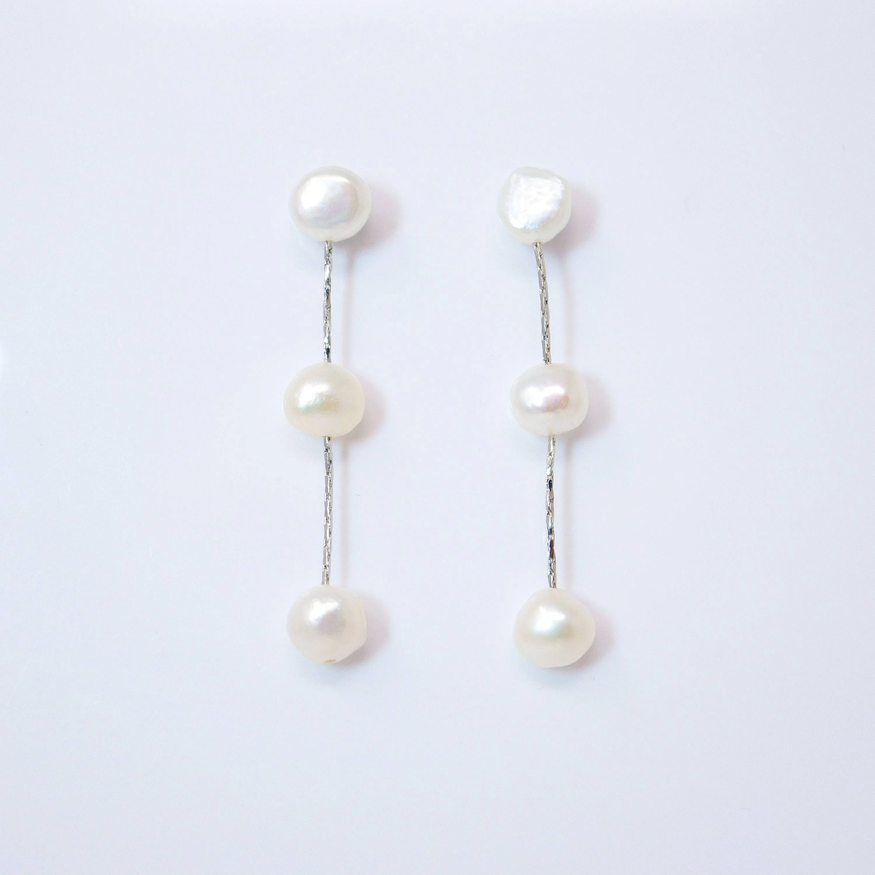 3 Freshwater Cultured pearl Bezel Earrings, Long Bridal Jewelry, Sterling Silver Pearl Bridal Earrings, Statement Earrings.