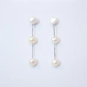 3 Freshwater Cultured pearl Bezel Earrings, Long Bridal Jewelry, Sterling Silver Pearl Bridal Earrings, Statement Earrings.