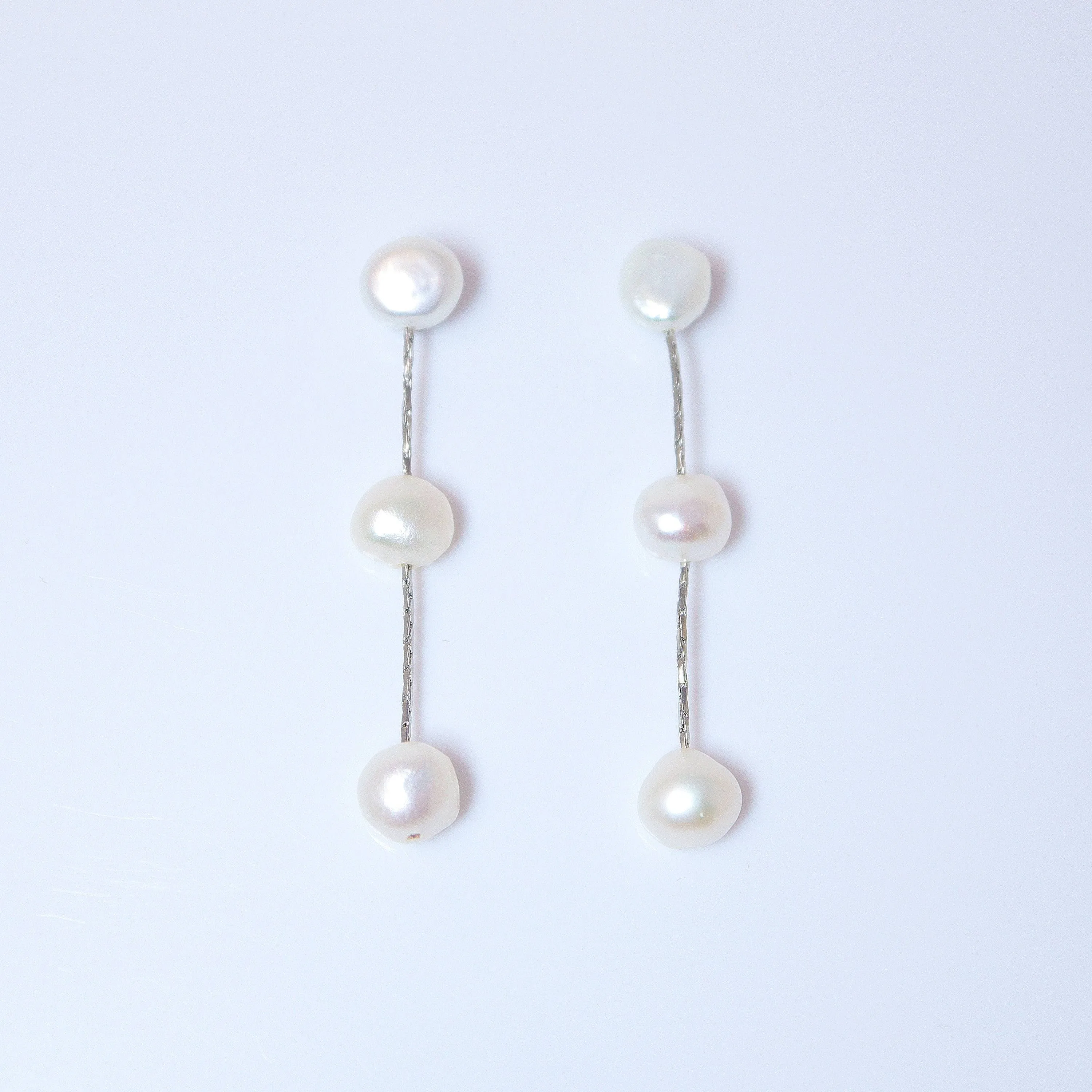 3 Freshwater Cultured pearl Bezel Earrings, Long Bridal Jewelry, Sterling Silver Pearl Bridal Earrings, Statement Earrings.