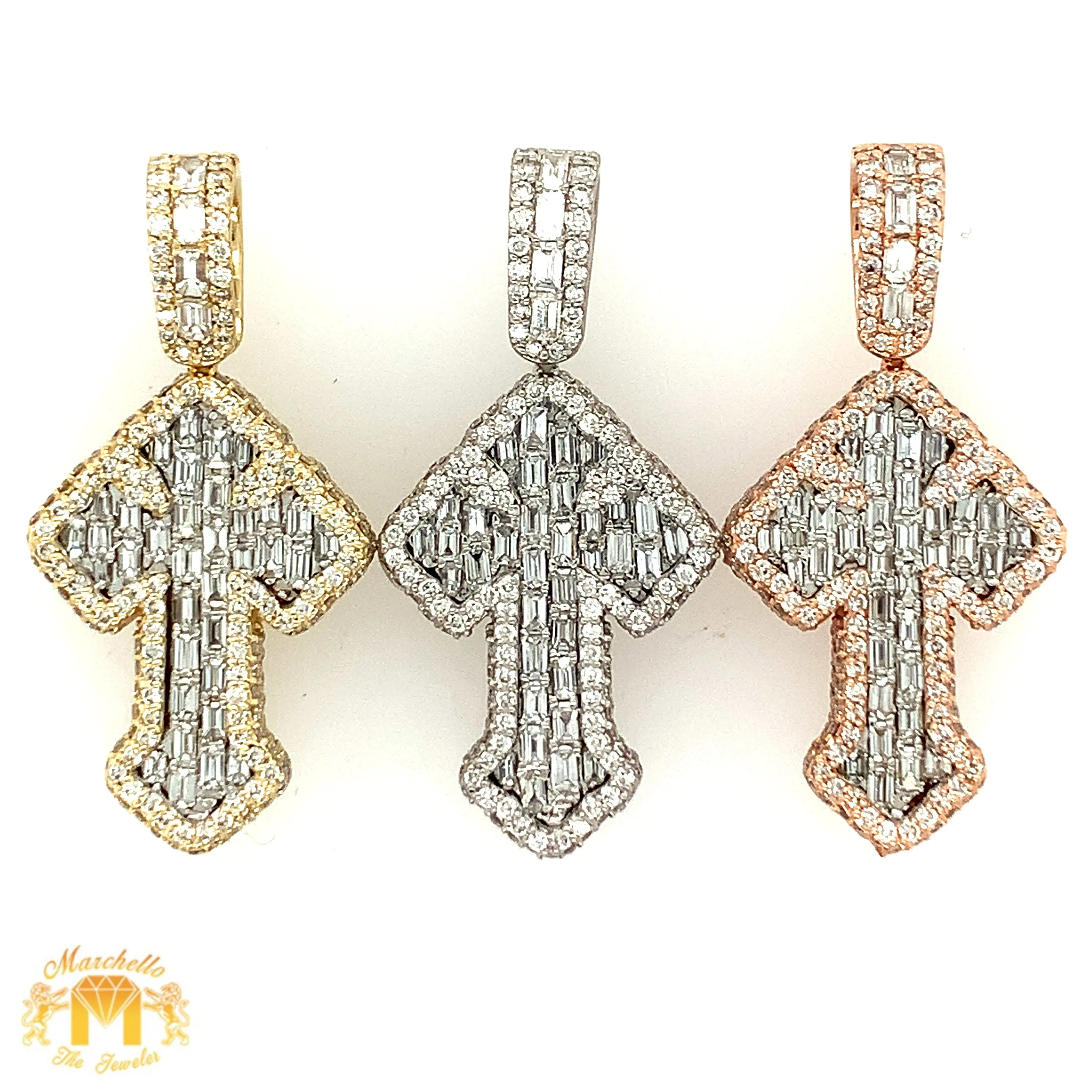 4.07ct Diamond and Gold Cross Pendant and Tennis Chain Set (1 pointers, emerald-cut diamonds, choose your color)