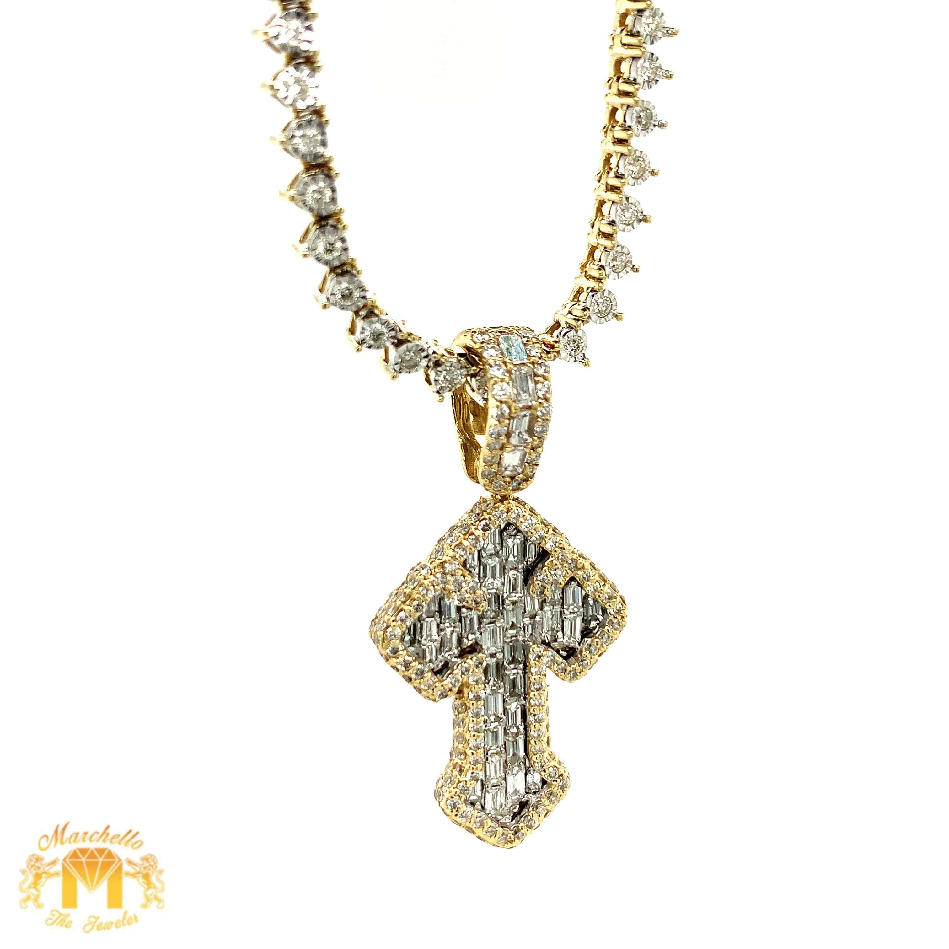 4.07ct Diamond and Gold Cross Pendant and Tennis Chain Set (1 pointers, emerald-cut diamonds, choose your color)