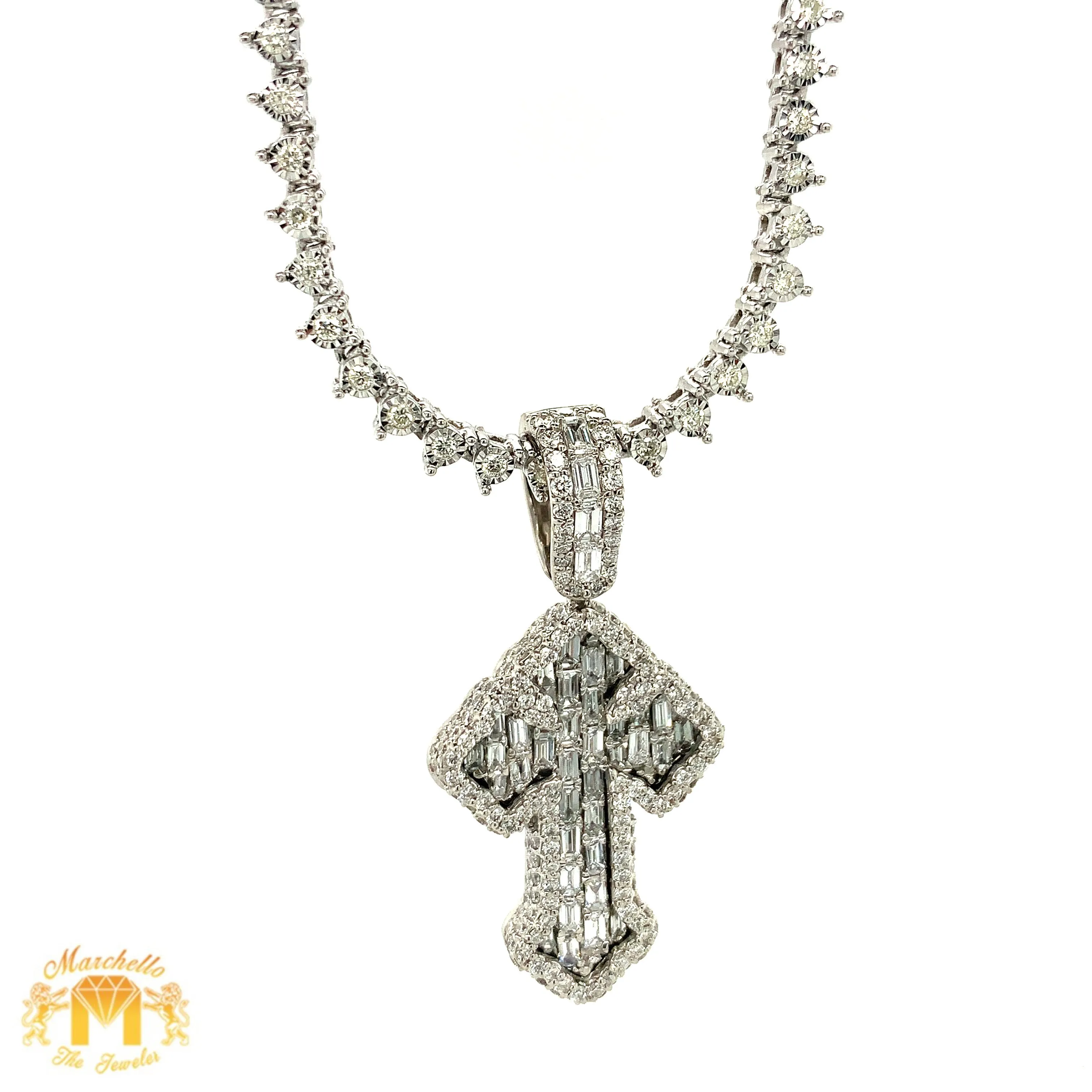 4.07ct Diamond and Gold Cross Pendant and Tennis Chain Set (1 pointers, emerald-cut diamonds, choose your color)