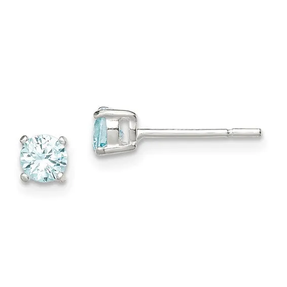 4mm Sterling Silver Round CZ Stud Earrings - Aqua