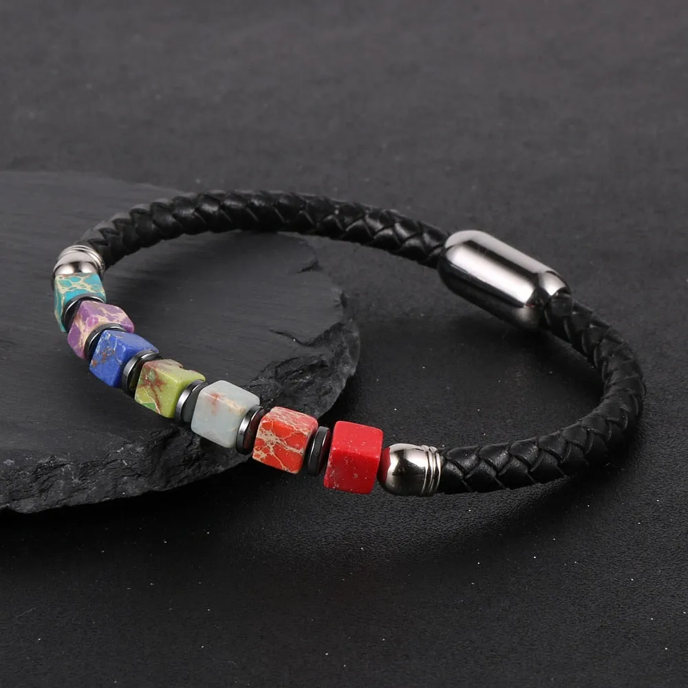 ﻿7 Chakra Cubic Beads Bracelet Healing Stone Charm Bangle Bracelet Unisex Silver Gold