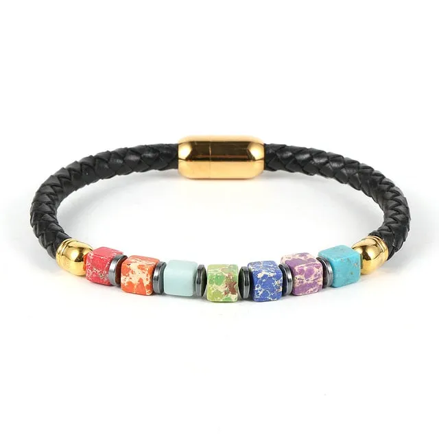 ﻿7 Chakra Cubic Beads Bracelet Healing Stone Charm Bangle Bracelet Unisex Silver Gold