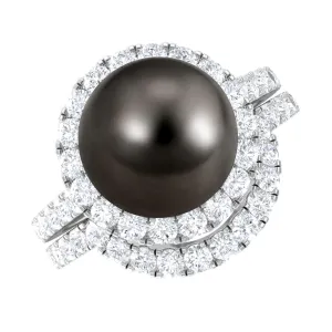 9 CT Tahitian Pearl and Diamond Halo Wedding Ring Set