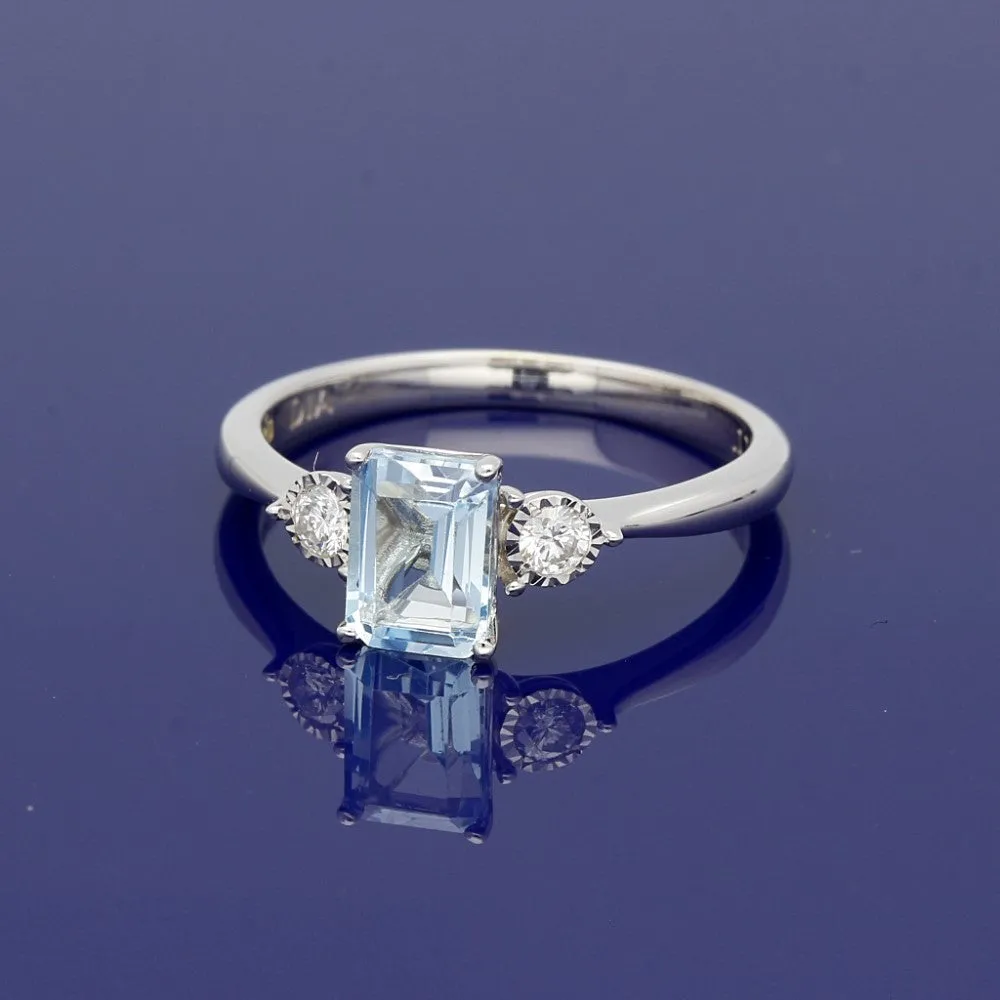 9ct White Gold Blue Topaz & Diamond Trilogy Ring